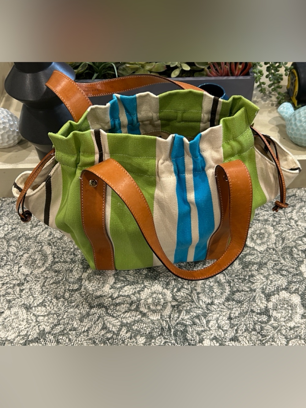 Kate Spade Striped Canvas Tote Bag with Tan Leather Handles - Green & Blue